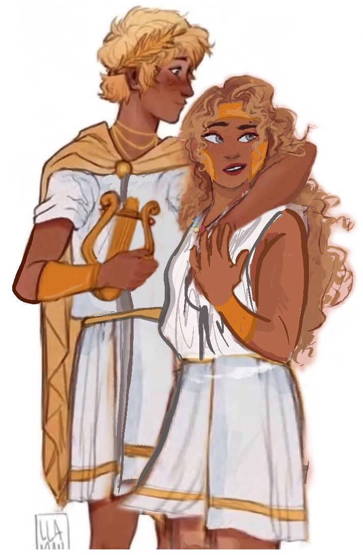 a man and woman dressed in ancient greek costumes standing next to each other with their arms around each other