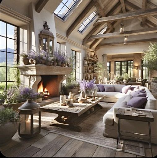 a living room filled with lots of furniture next to a fire place in a building