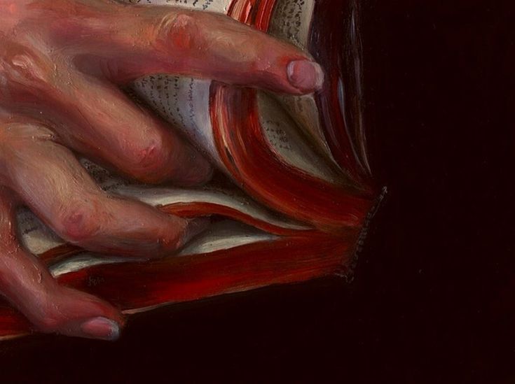 a painting of two hands on top of an open book with red ribbon around it