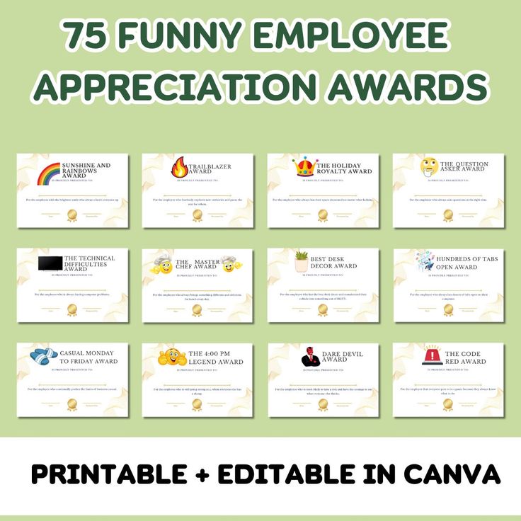 a bunch of business cards with the words funny employee appreciation awards