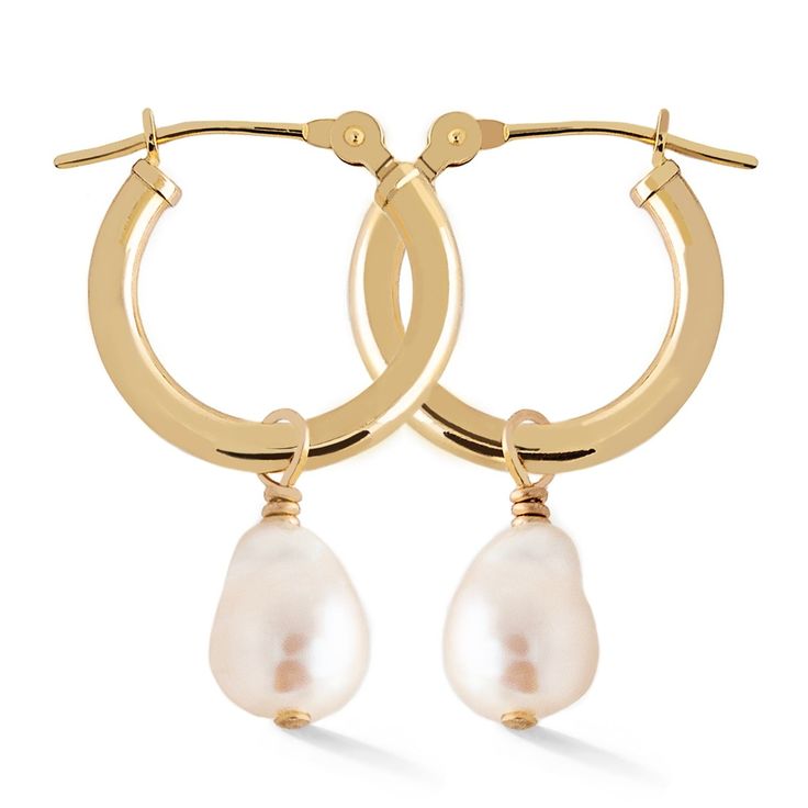 These 14K Gold Small Hoop earrings feature Baroque drop pearls. Classic and elegant, handmade in nyc. 14K Gold Freshwater Pearls Hypoallergenic, lead and nickel free Hoop Diameter 15mm x Thickness 2mm Pearl 9x6mm (size may vary slightly) Click Snap closure #ES045-GPL Gold Small Hoop Earrings, Drop Hoop Earrings, Small Hoop Earrings, Pearl Hoop Earrings, Gold Pearl, Pearl Drop, Snap Closure, Freshwater Pearls, Solid Gold