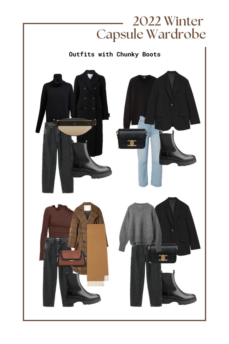 Winter Outfits Chunky Boots, How To Style Chunky Boots Winter Outfits, Chunky Boots Winter Outfit, Capsule Wardrobe Boots, Winter Capsule 2023, Capsule Wardrobe Winter 2022/2023, Black Chunky Boots Outfit Winter, Weekend Trip Outfits Winter, Autumn Capsule Wardrobe 2023