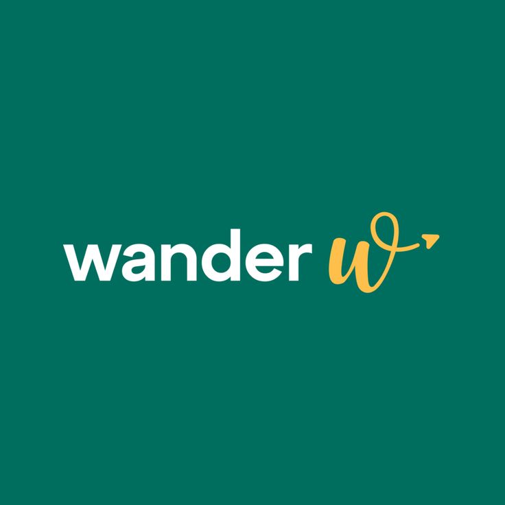 the word wander is written in yellow and green letters on a dark green background with an arrow