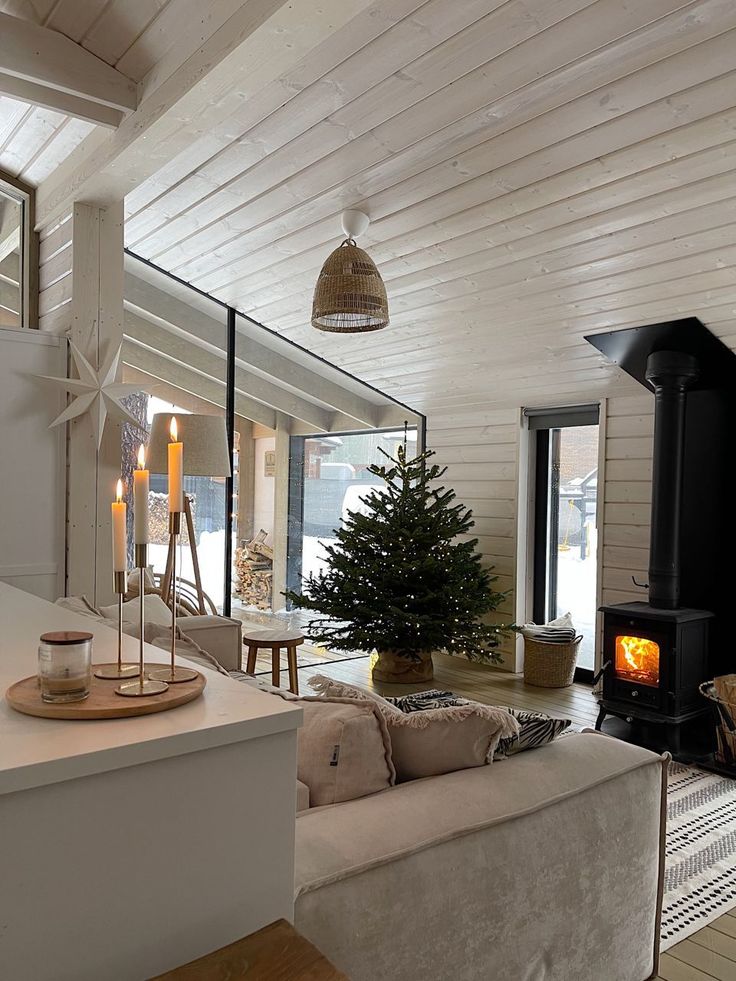 a living room filled with furniture and a fire place next to a window covered in snow