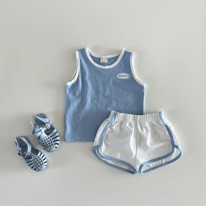 Casual Sleeveless Sets For Beach, Sporty Sleeveless Set For Spring, Sporty Summer Tops For Playwear, Sporty Cotton Tank Top For Summer, Sporty Sleeveless Summer Set, Summer Cotton Playwear Shorts, Cotton Playwear Sets With Shorts, Cotton Shorts For Summer Playwear, Playful Blue Tank Top For Summer