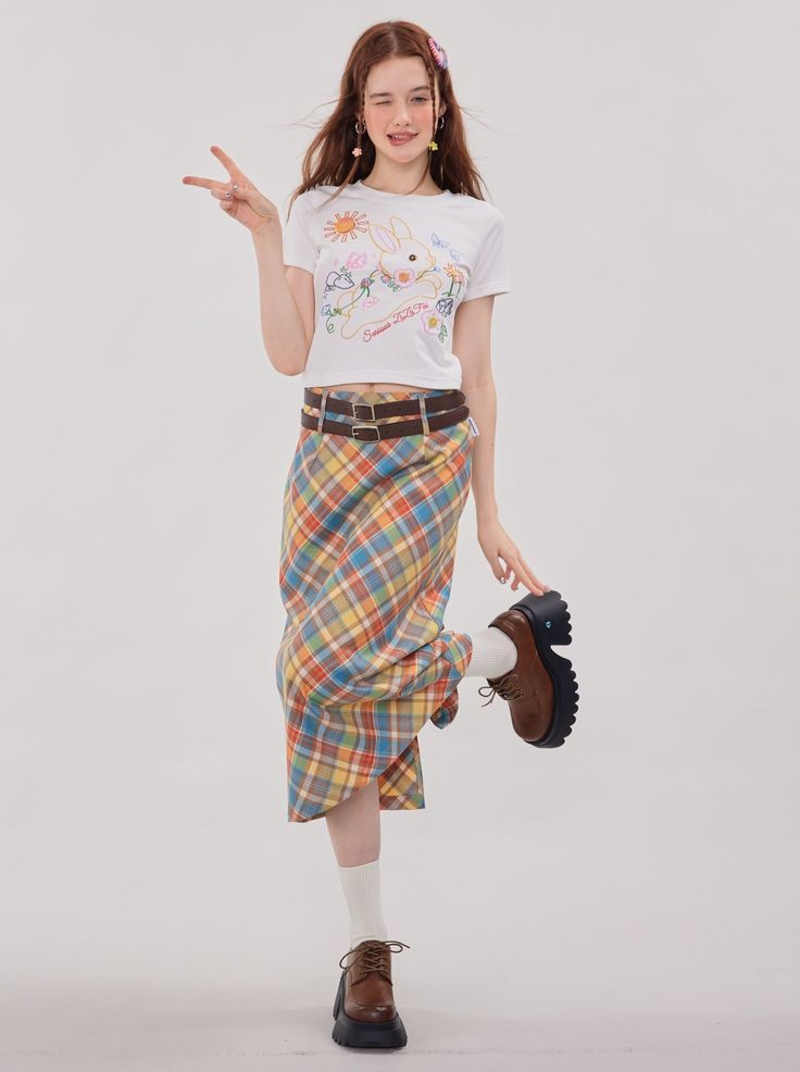 ❤Retro colorful check tie long skirt❤�︎ One Piece Top, Retro Skirt, Skirt Fits, Plaid Skirt, Retro Color, Cute Shorts, Plaid Skirts, Strike A Pose, Fur Jacket