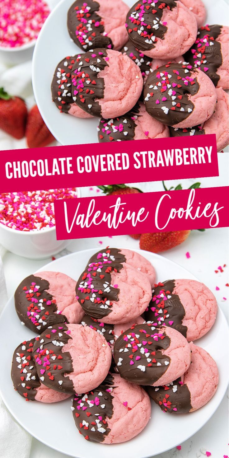 Chocolate Covered Strawberry Cookies Perfect For Your Sweetheart Valentine's Treats For School, Valentine’s Day Dessert Board, Gluten Free Valentines Day Desserts, Strawberry Chocolate Dessert, Menu St Valentin, Valentine's Sweets, Valentines Strawberry, Valentines Day Cookie Recipe, Valentines Party Food