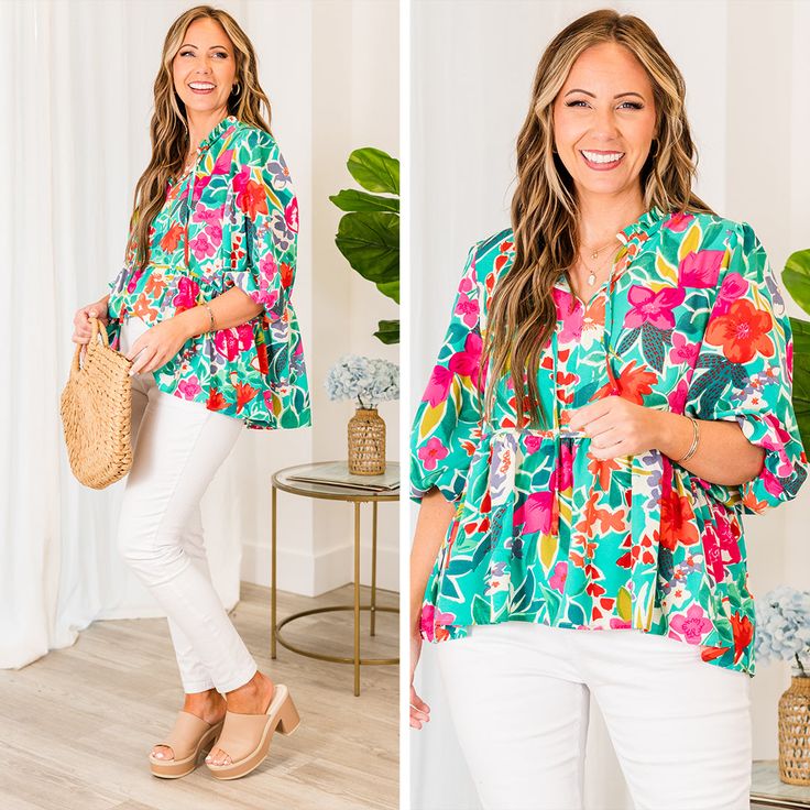 You need this top in your wardrobe! It features a beautiful floral pattern, adding a touch of elegance to any outfit! The flowy fit adds comfort and versatility, making it perfect for pairing with white denim and sandals or wedges! Elevate your wardrobe with this must-have piece! 100% Polyester V-neck Rayon Tops For Spring, Feminine Rayon Blouse For Vacation, Spring Rayon Tops With Relaxed Fit, Spring Relaxed Fit Rayon Tops, Flowy Rayon Blouse For Day Out, Spring Floral Print V-neck Blouse, Trendy Blouse For Beach In Spring, Vacation Rayon Blouse With Floral Print, Flowy Rayon Top For Spring