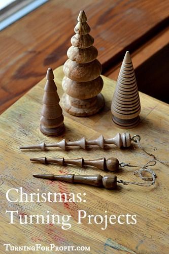 wooden christmas trees and other woodworking tools on a table with text overlay that says christmas turning projects