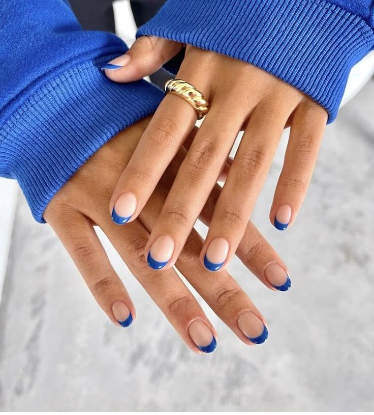 Blue French Tip Natural Nails, French With Blue Tips, Colored French Manicure Nails, Short Blue French Tip Nails, Royal Blue French Tips, Tenerife Nails, French Tip On Short Nails, Navy French Tip Nails, French Manicure Blue