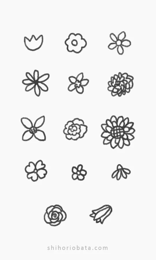 different types of flowers drawn in black ink