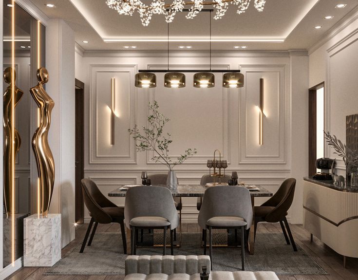 an elegant dining room with chandelier and marble table surrounded by beige upholstered chairs