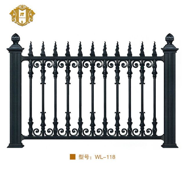 an iron fence with decorative designs on the top and bottom, is shown in black