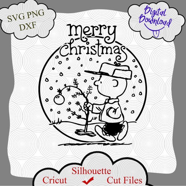 a merry christmas card with a cartoon dog and snow globe in the center, surrounded by clouds