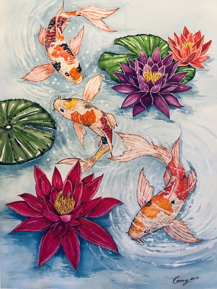 three koi fish and two water lilies in the pond with lily pads on the bottom