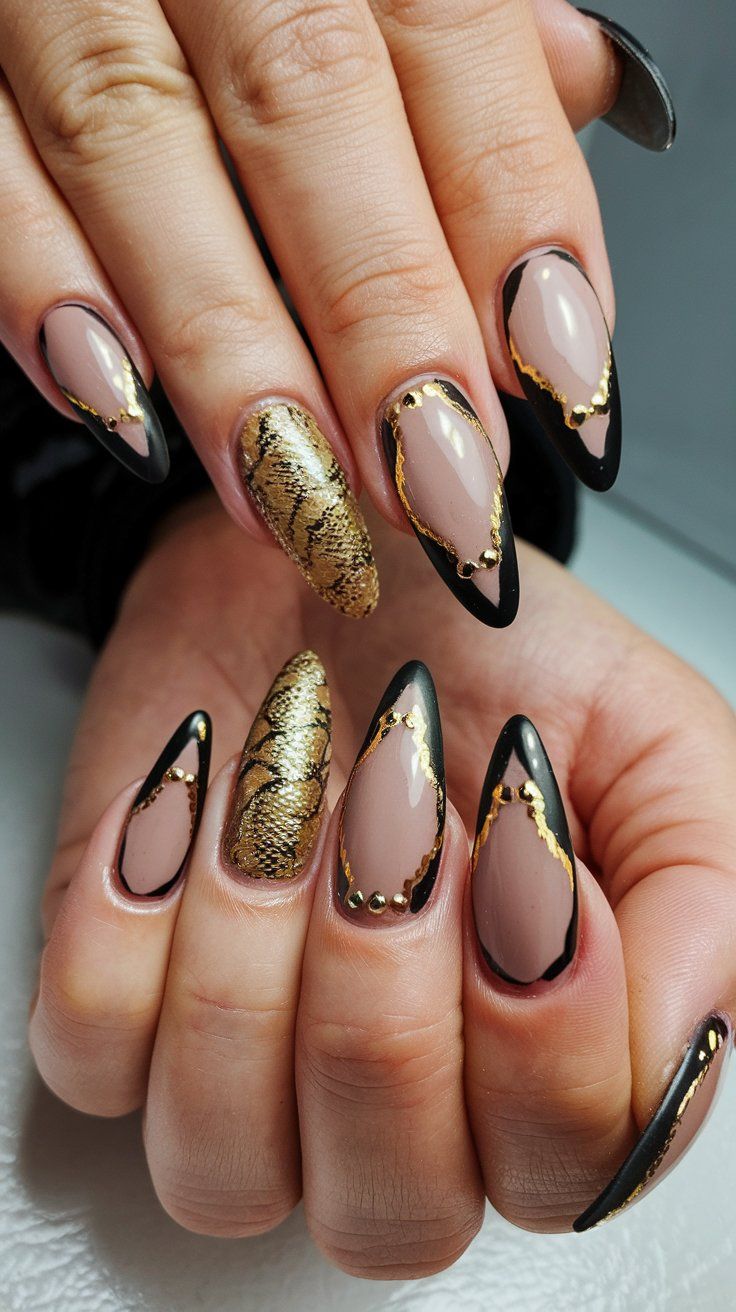 Unleash your inner diva with this edgy yet elegant nail design! The mix of glossy black, nude, and glittering gold creates a striking visual effect. With bold geometric lines and a touch of sparkle, these nails are the perfect accessory for any stylish outfit, making a powerful statement wherever you go. Edgy Elegance, Elegant Nail, Elegant Nail Designs, Stylish Outfit, Outfit Making, Nails Inspo, Geometric Lines, Visual Effects, Nail Design