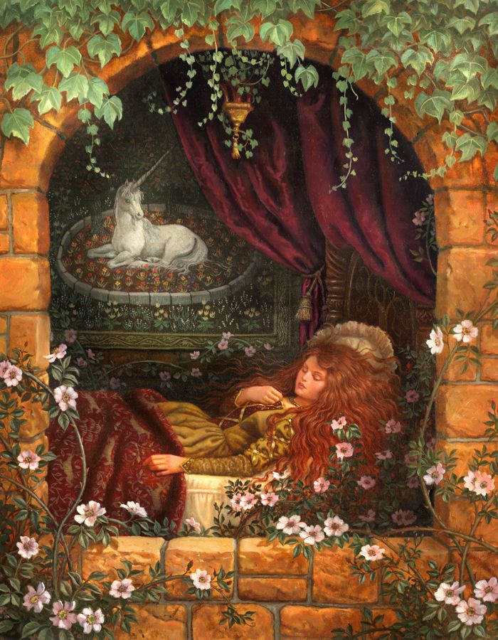 "Sleeping Beauty", by American artist and illustrator - Ruth Sanderson (1951 - ) Ruth Sanderson, Blood Tears, Forest Fairies, Fae Folk, Fantasy Unicorn, Fairytale Illustration, Fairytale Art, Art Et Illustration, Folk Tales