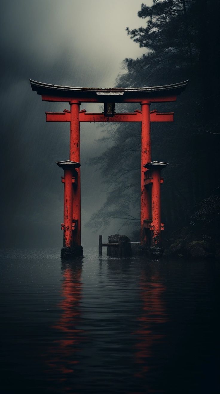 an image of a red gate in the water