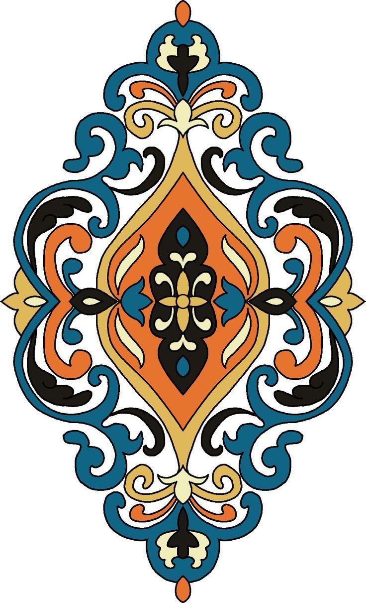 an orange, blue and black ornamental design