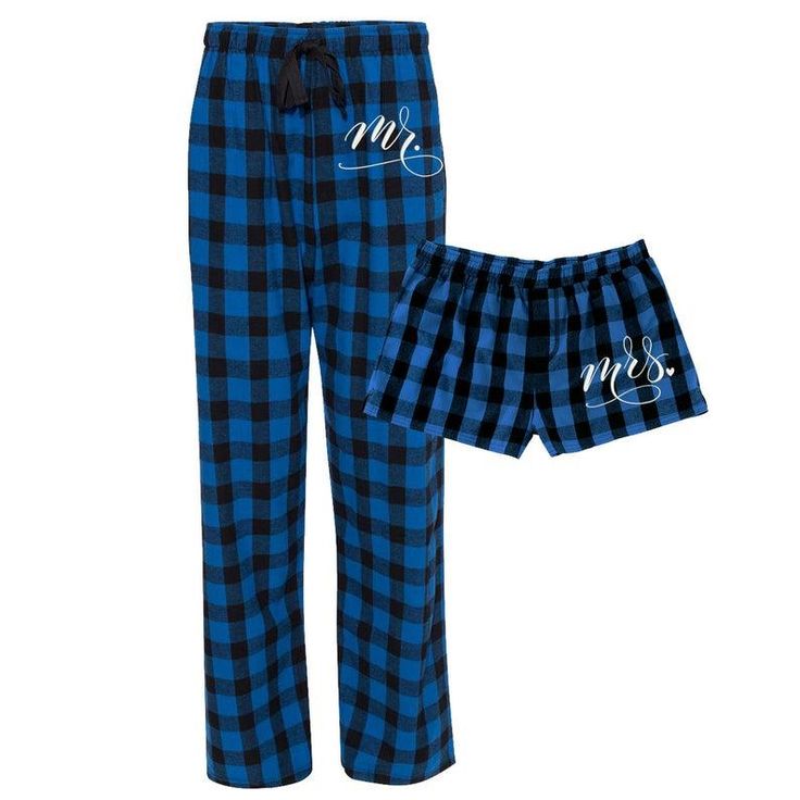 Our Mr. & Mrs. Flannel Pajama Set will have you cozied up and feeling fantastic! This set of 2 pajama bottoms comes in vibrant buffalo plaids with white embroidery on the hip. Perfect for Anniversary, Christmas, Engagement or Couples Gifts or any other cool weather day. The set comes with flannel pants for him and flannel boxers for her. GIRLY BOXERS Junior Fit XS - XL Ruffled Hem Satin waistband and tie ribbon 100% cotton Roomy, and super soft feel Features a 1" inseam, false fly with butto Comfortable Plaid Cotton Sleepwear, Plaid Cotton Sleepwear For Lounging, Cotton Plaid Sleepwear For Lounging, Fall Cotton Sleep Bottoms, Cozy Plaid Cotton Sleepwear, Matching Clothes Couple, Matching Christmas Pajamas Couples, Buffalo Plaid Pajamas, Matching Outfits Best Friend