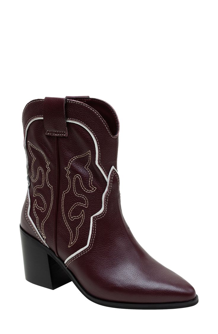 Contrast trim highlights the iconic Western design of a block-heel bootie shaped from rich leather. 3" heel 5 1/4" shaft Slip-resistant sole Leather upper/textile lining/rubber sole Imported Faux Leather Boots With Stacked Block Heel, Western Block Heel Boots For Winter, Western Block Heel Boots For Fall, Western Style Block Heel Heeled Boots For Winter, Burgundy Ankle Boots With Reinforced Heel, Western Style Medium Width Heels For Fall, Western High Heel Booties With Stacked Heel, Trendy Boots With Contrasting Heel Counter For Fall, Burgundy Boots With Reinforced Heel For Fall