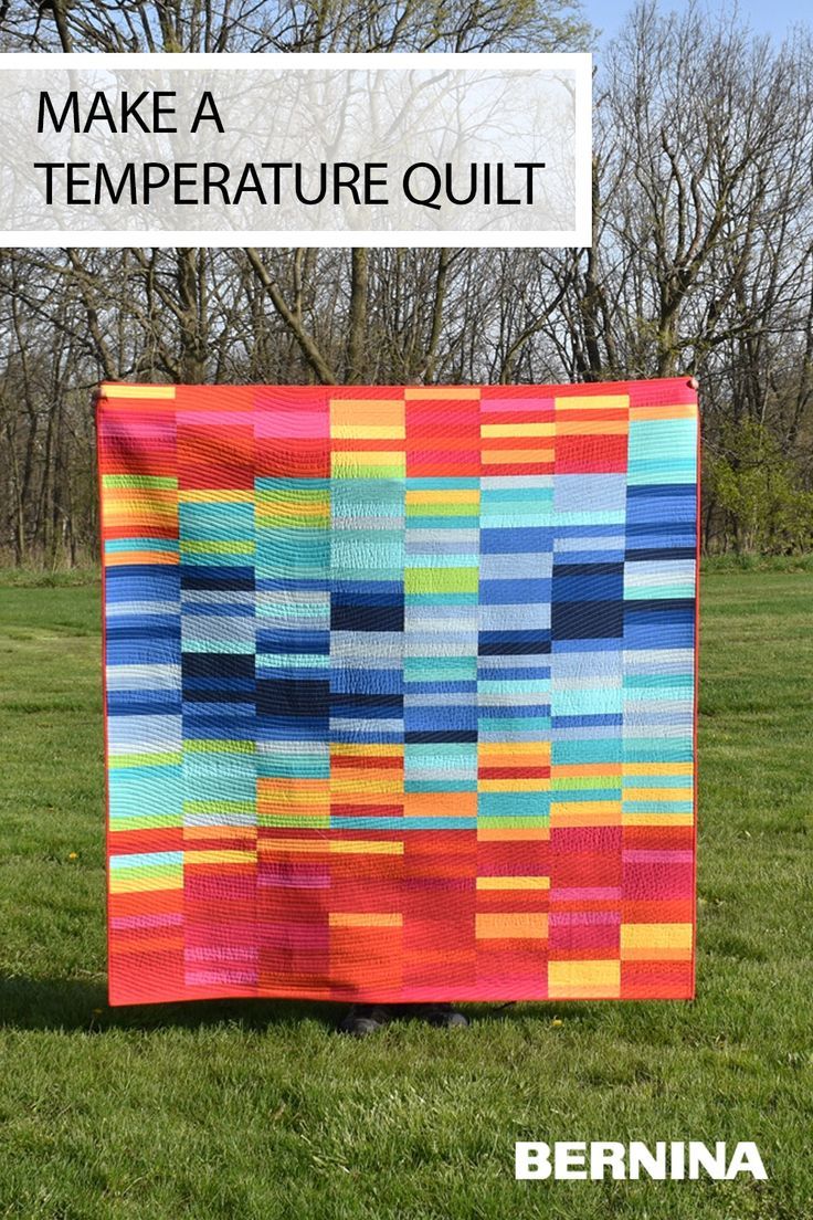 a colorful quilt is on the grass in front of some bare trees and green grass