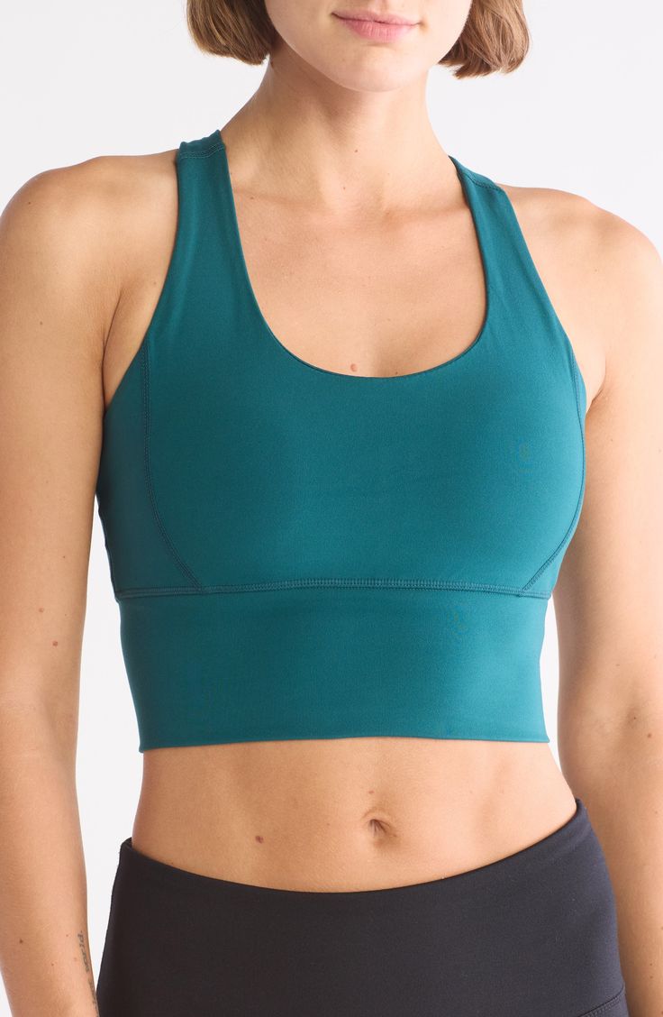 A soft and supportive sports bra features racerback straps and a longline silhouette. Scoop neck Racerback 83% polyester, 17% spandex Machine wash, tumble dry Imported Supportive Sports Bra, Supportive Sports Bras, Deep Teal, Long A Line, Shapewear, Women Lingerie, Nordstrom Rack, Scoop Neck, Sports Bra