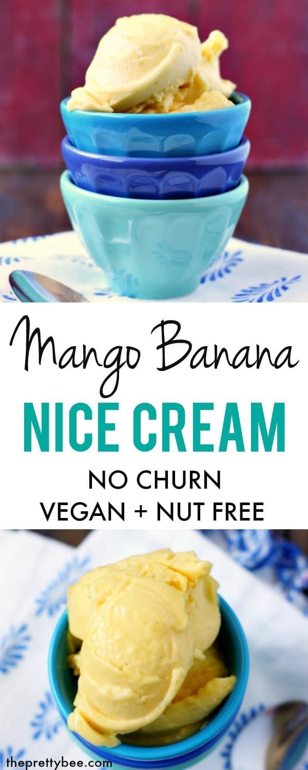 mango banana ice cream with no churns in blue bowls