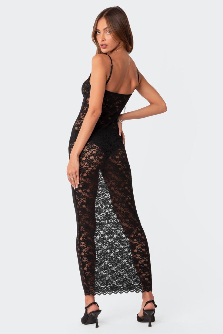 PRODUCT INFO Maxi dress Scalloped neckline Sheer lace fabric Polyester, Spandex Model wears size S Model height is 5'9 Item care: Wash with similar color Scalloped Neckline, Swimwear Dress, Lace Maxi, Lace Maxi Dress, Sheer Lace, Black Maxi Dress, Lace Fabric, S Models, Model Height