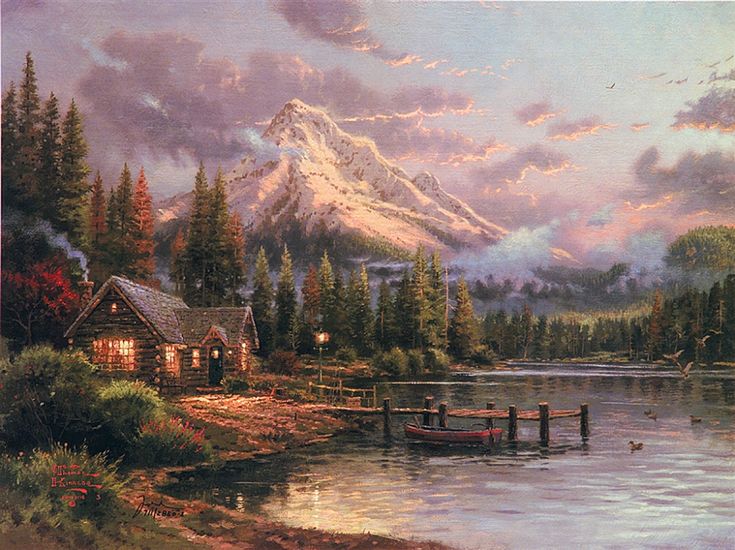 a painting of a cabin on the water with mountains in the background