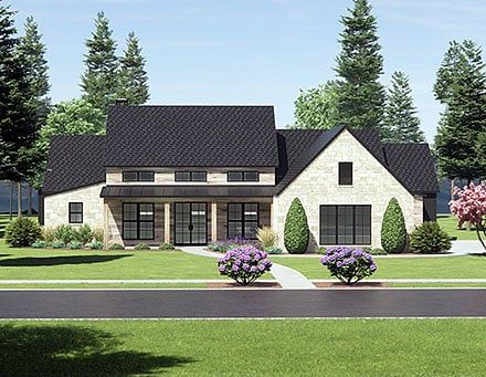 this is an artist's rendering of a house in the country side with trees and shrubs