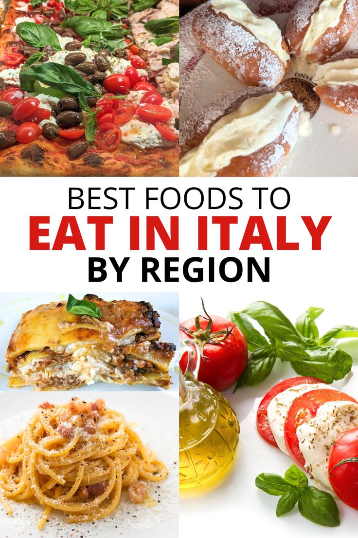 Collage of Italian foods including pizza, cream-stuffed pastry, lasagna, spaghetti carbonara, caprese salad ingredients; text: Best foods to eat in Italy by region. Food From Italy, Traditional Italian Food, Halloween Lunch Box, Italian Drinks, All About Italy, Food Italian, Best Pasta, Italian Foods, Italian Recipes Traditional