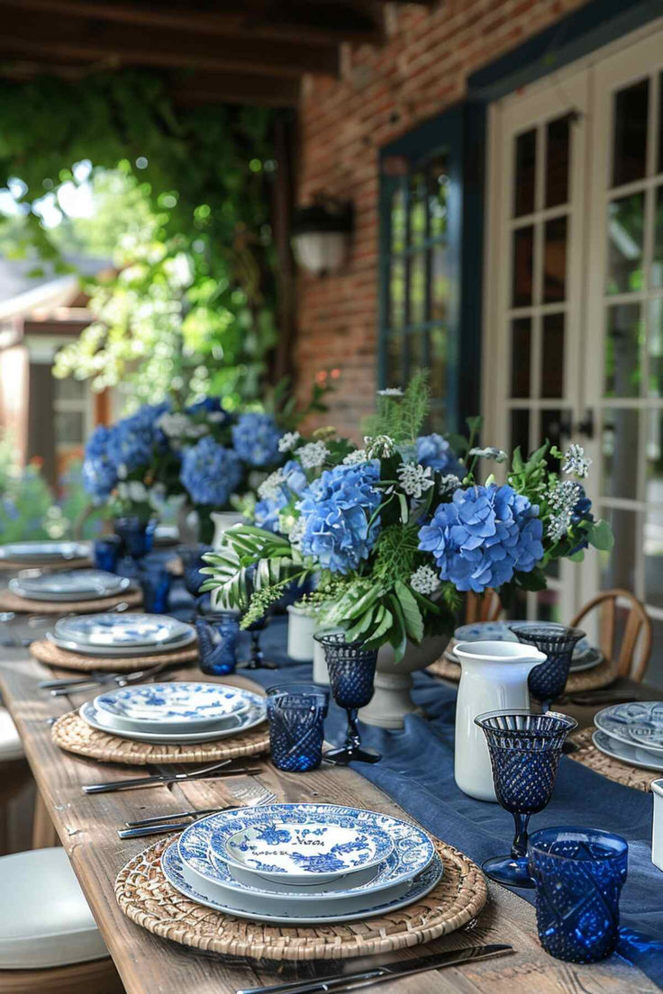 40 Elegant Outdoor Table Decor Ideas for a Classy Affair White Blue Table Setting, End Of Summer Tablescapes, Beach Table Setting Ideas, Summer Plates Table Settings, Square Plate Table Setting Ideas, Garden Dining Table Decor, Patio Dining Table Decor Ideas, Blue Hydrangea Tablescape, Blue White Table Decor