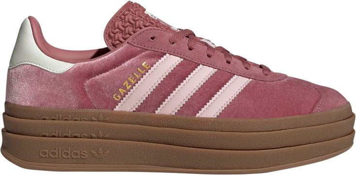 The adidas Originals Women's Gazelle Bold Shoes feature an iconic silhouette with bolder details, including serrated 3-stripes and a metallic-gold "Gazelle" accent. Designed for casual wear, these shoes boast a classic lace closure with a premium soft suede upper and a triple-stacked platform rubber outsole for added style and traction. Note that they run big, so it's recommended to size down by half a size for the perfect fit. Design: Iconic Gazelle silhouette with bolder details Serrated 3-str Gazelle Bold Shoes, Adidas Gazelle Women, My Current Wishlist, Adidas Gazelle Bold, Rose Adidas, Gazelle Bold, Bold Shoes, Christmas 2025, Adidas Originals Women