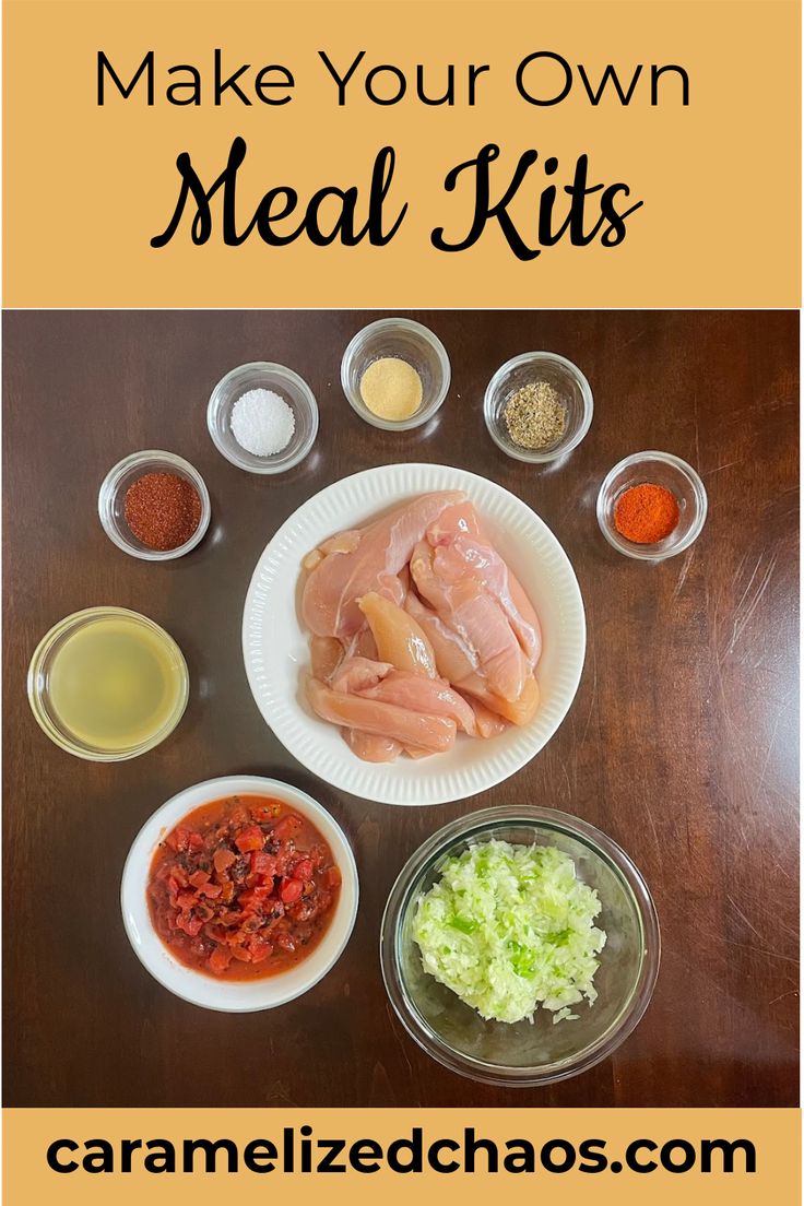 the ingredients for make your own meal kits on a wooden table with text overlay