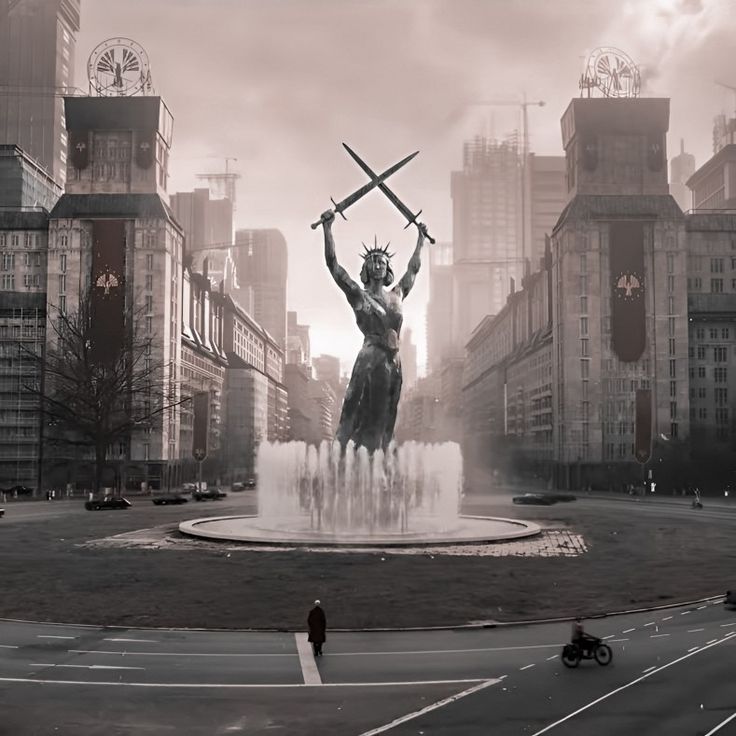 there is a statue with two swords in the middle of a city square, surrounded by tall buildings