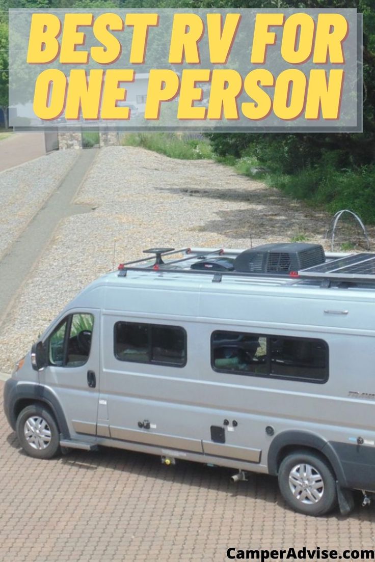 a camper van parked on the side of a road with text overlay reading best class b rv that sleeps 4 people