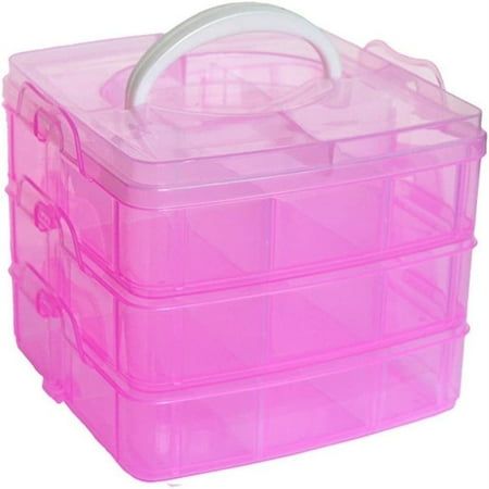 a pink plastic storage box with two dividers and one lid on the top is empty