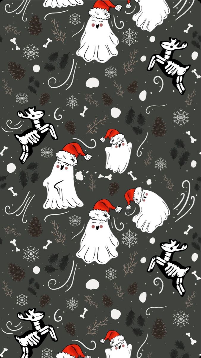 a black and white christmas pattern with ghostes, snowflakes and santa hats