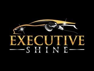 the executive shine logo is shown on a black background with gold trim and sparkles