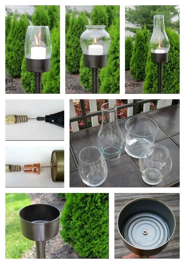 several pictures of candles and wine glasses on a table with trees in the background,