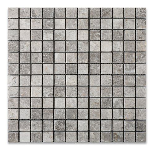 grey and white marble mosaic tile with black grids on the bottom, in an irregular pattern