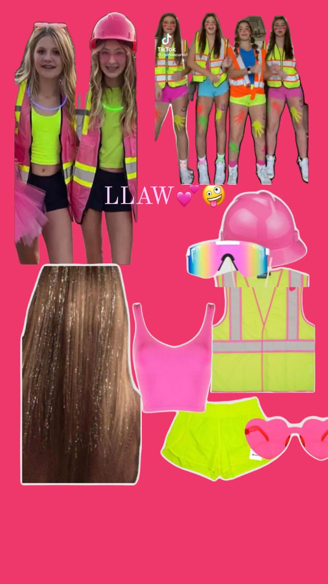 a collage of girls wearing neon clothing and pink hats, with the caption law