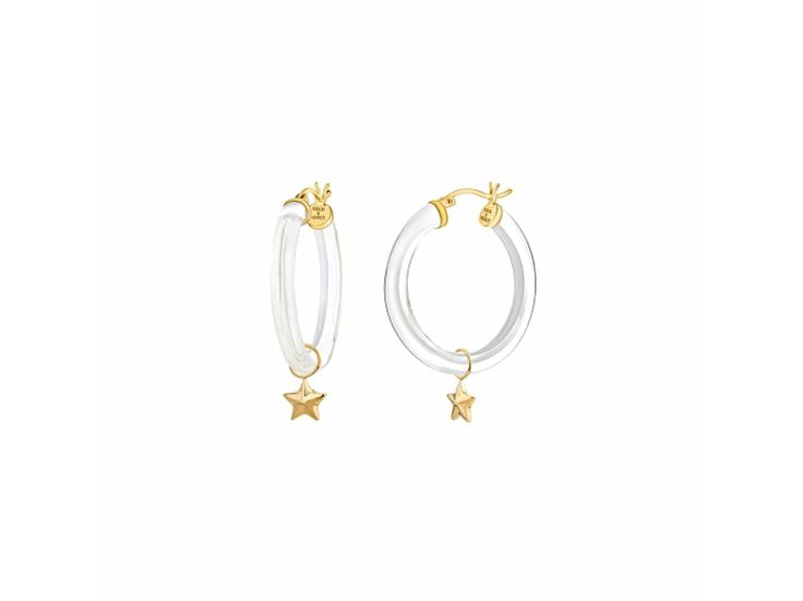 14k yellow gold over sterling silver acrylic mini star charm hoop earrings in clear Elegant Round Hoop Earrings With Star Charm, Everyday Fine Jewelry White Hoop Earrings, White Fine Jewelry Hoop Earrings For Everyday, Everyday Fine White Hoop Earrings, Fine Jewelry White Small Hoop Earrings, White Small Hoop Fine Jewelry, Hypoallergenic Star-shaped Jewelry, Hypoallergenic Star Shaped Jewelry, Trendy Hoop Earrings With Star Charm