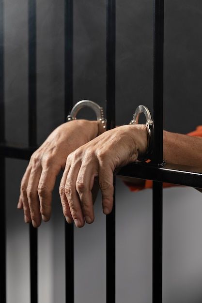 a person with their hands on the bars of a jail cell, holding onto each other