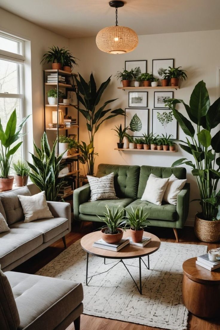 a living room filled with furniture and lots of potted plants on top of them