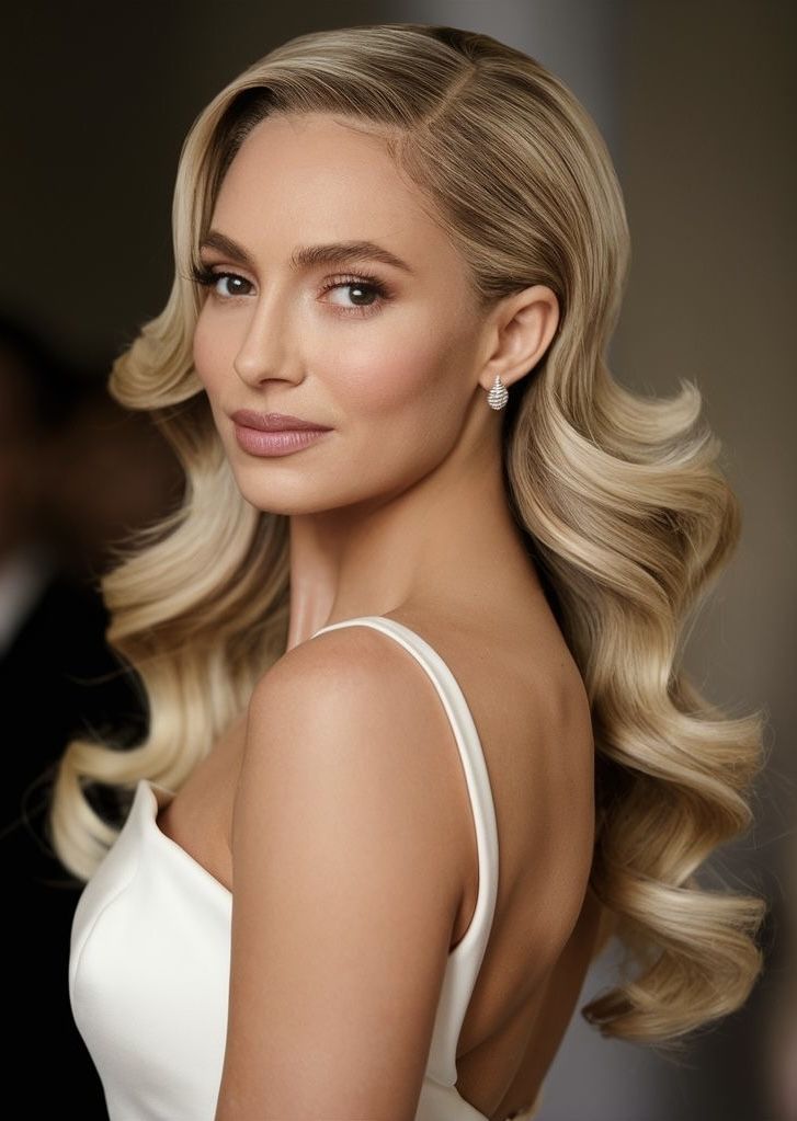 a woman with long blonde hair wearing a white dress and diamond earrings on her head