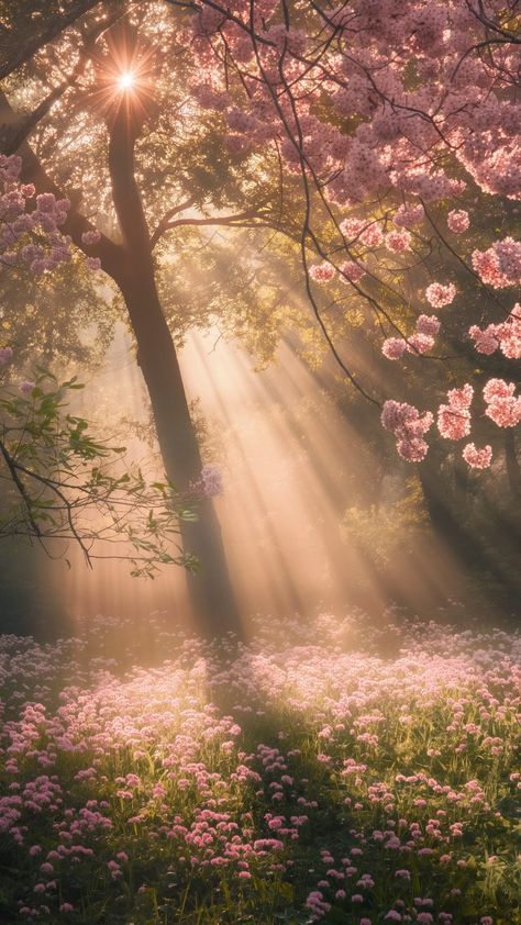 the sun shines through the trees and flowers in the park with pink blossoms on the ground