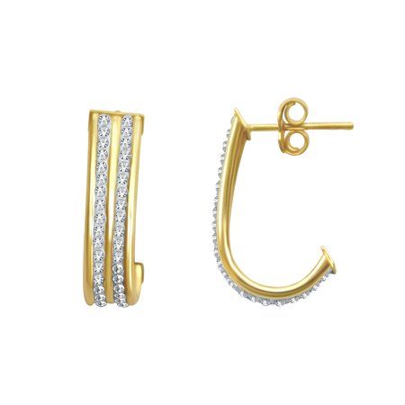 Brilliance Fine Jewelry 14K Gold Plated Sterling Silver 2 Row Crystal J Hoop Earrings. Classic J Shaped Hoops with glittering crystals are one of those WOW! Jewelry Items that every Beautiful Female would love to wear in parties and as casual wear. These stunning J shaped Hoops are studded with Genuine Austrian Crystals and are crafted in 14K Gold Plated Sterling Silver. This design is a perfect blend of style and simplicity and suitable for everyday wear.14K Gold plated jewelry gives the exact Gold Hoop Diamond Earrings Channel Set, Gold Small Hoop Earrings With Channel Set, Gold Channel Set Hoop Earrings For Anniversary, Gold Channel Set Earrings For Formal Occasions, Gold Channel Set Earrings For Gift, Gold Diamond Earrings Channel Set For Anniversary, Gold Channel Set Diamond Earrings For Anniversary, Gold Hoop Diamond Earrings With Ear Wire, Gold Channel Set Hoop Earrings Gift