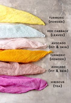 five different colors of fabric laid out on top of each other with the names below them